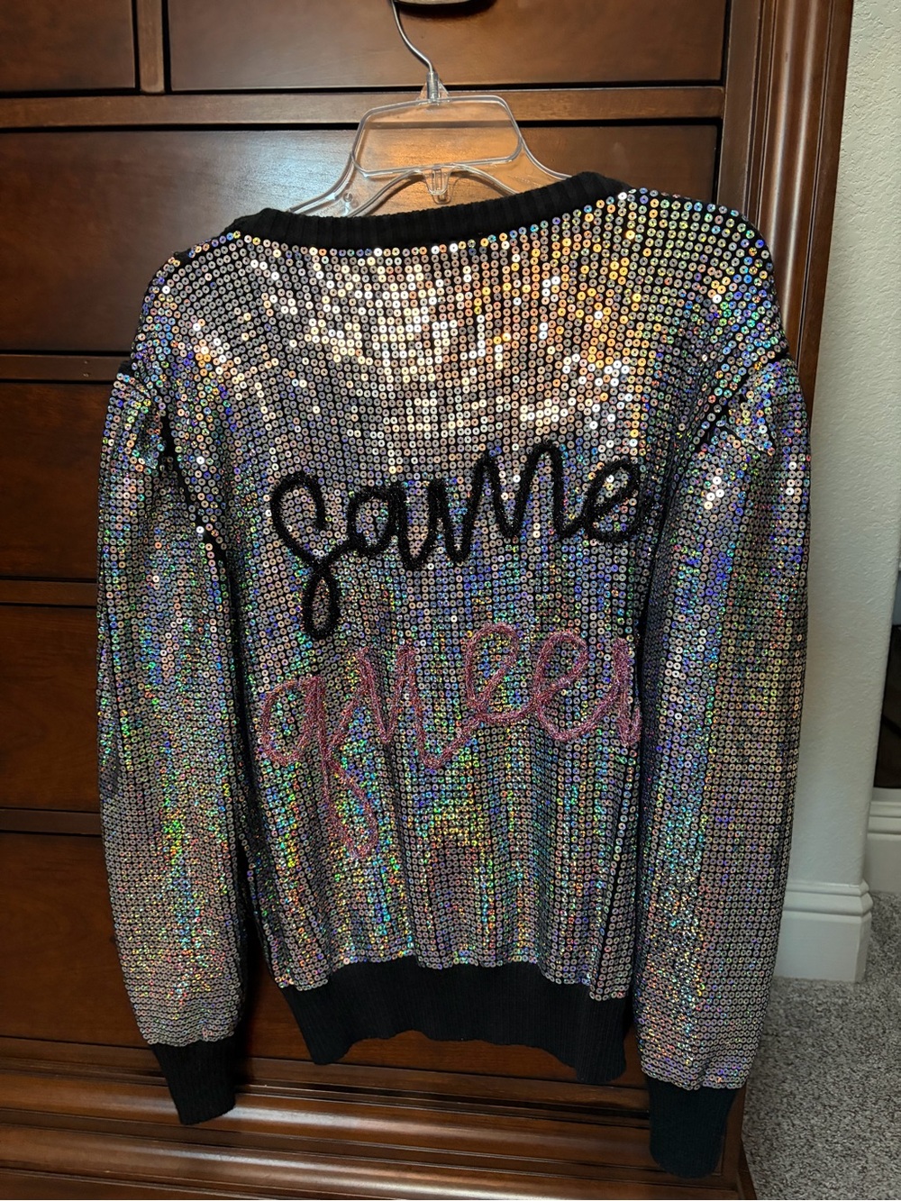QUEEN OF SPARKLES Holographic Sequin Sweater with Black Trim - Picture 5 of 6